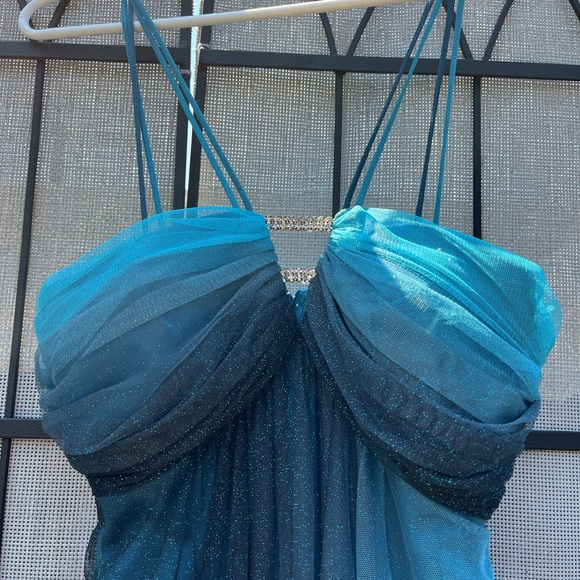 Blue and Turquoise Sparkly above the knee Cocktail Dress with Diamond Front - Picture 4 of 5